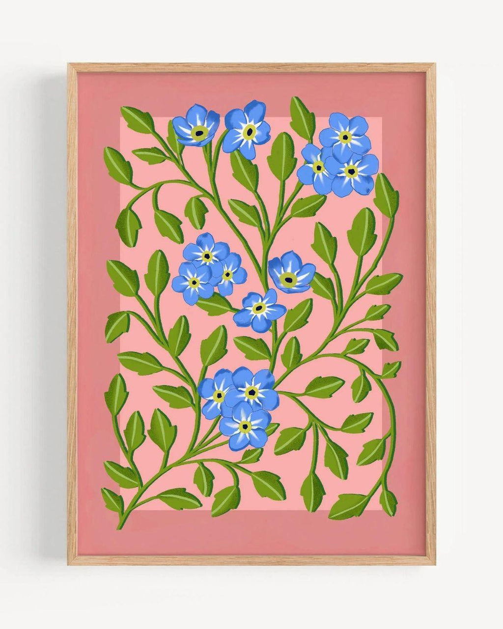 Framed artwork with blue flowers and green leaves on a pink background