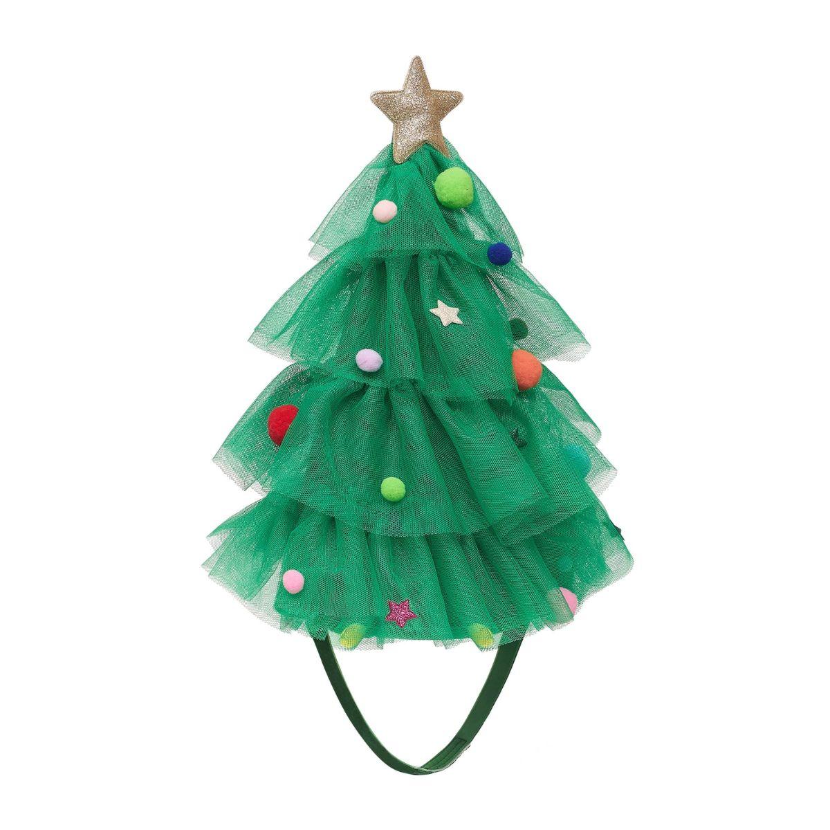 Green Christmas tree-shaped headband with colorful decorations on a white background