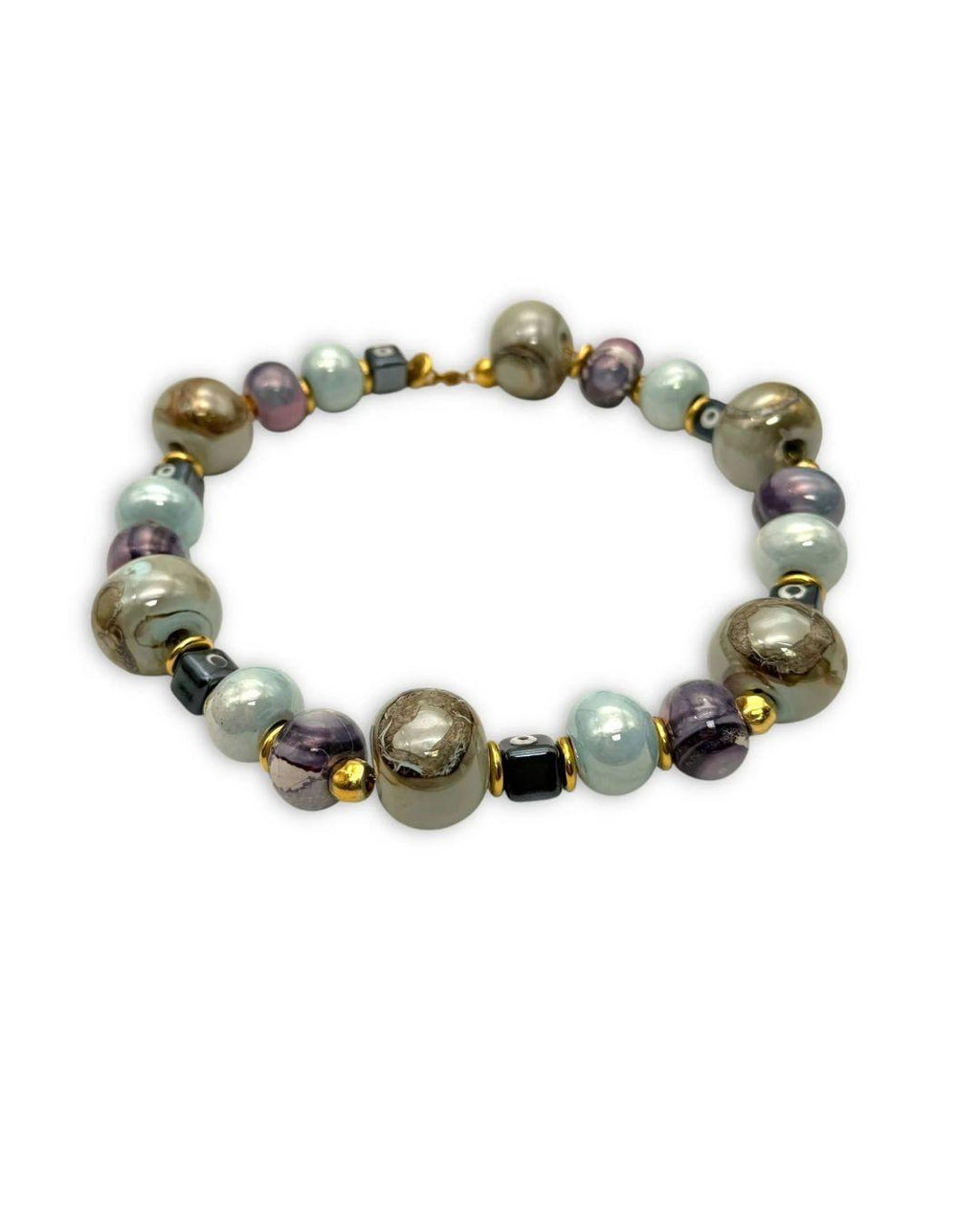 Multicolored beaded necklace on a white background