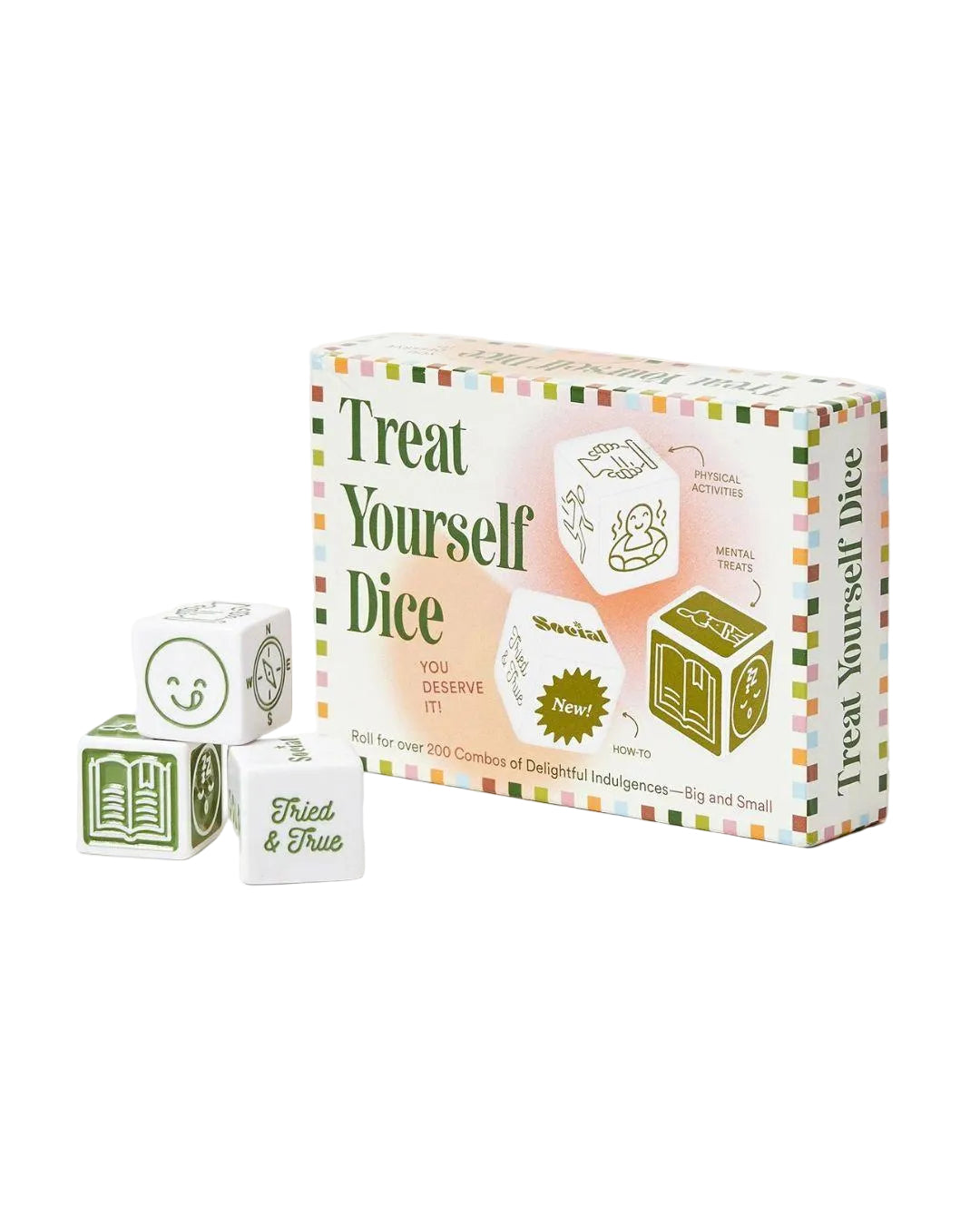 Box of 'Treat Yourself Dice' with dice on a white background