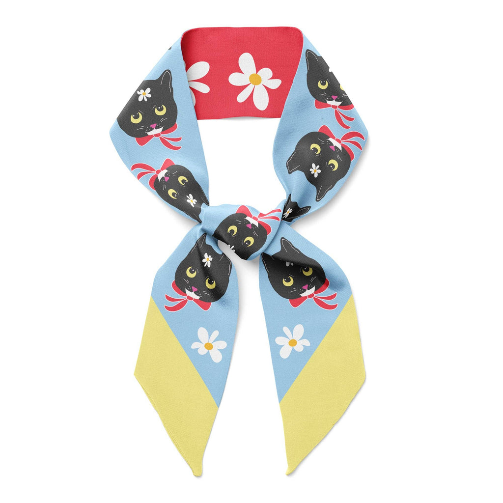Twilly Ribbon Double Sided Silk Scarf - Naoko Cat & Daisies
