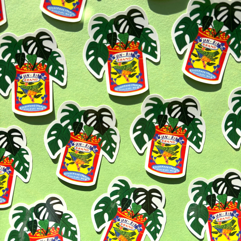 Vinyl Sticker - Monstera House Plant & Vintage Sun Bird Can