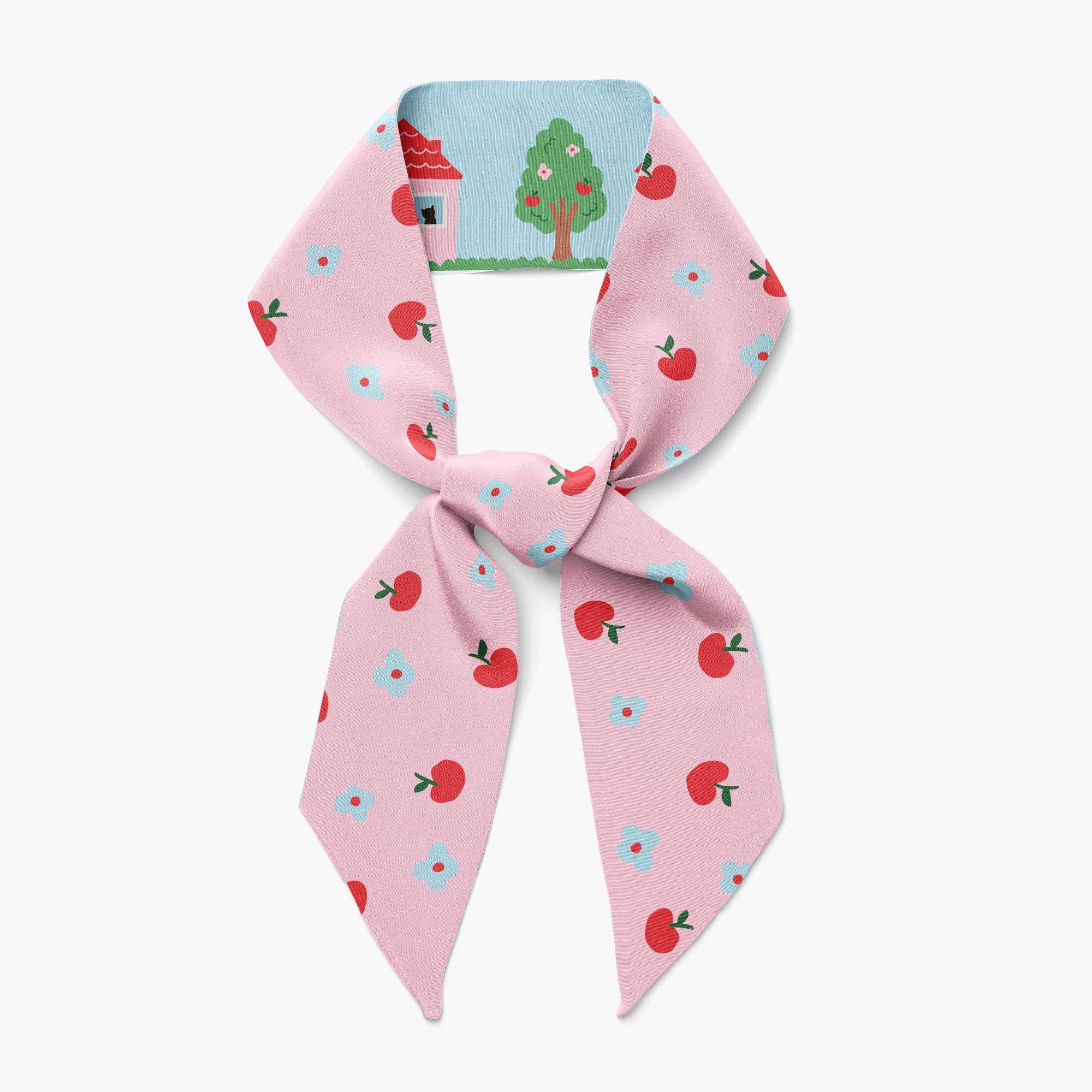 Twilly Ribbon Double Sided Silk Scarf - Houses & Apples