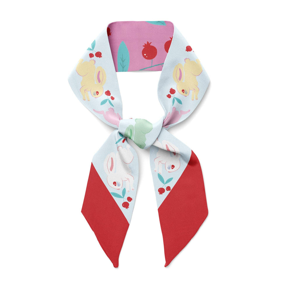 Scarf with bunnies and colorful design on a white background