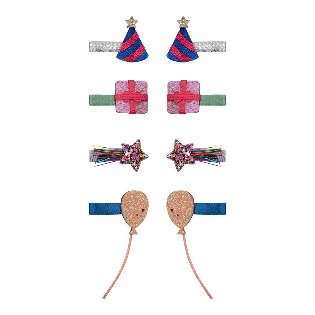 Set of colorful hair accessories including hair clips and headbands on a white background