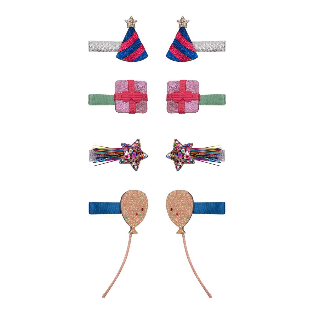 Set of colorful hair accessories including hair clips and headbands on a white background