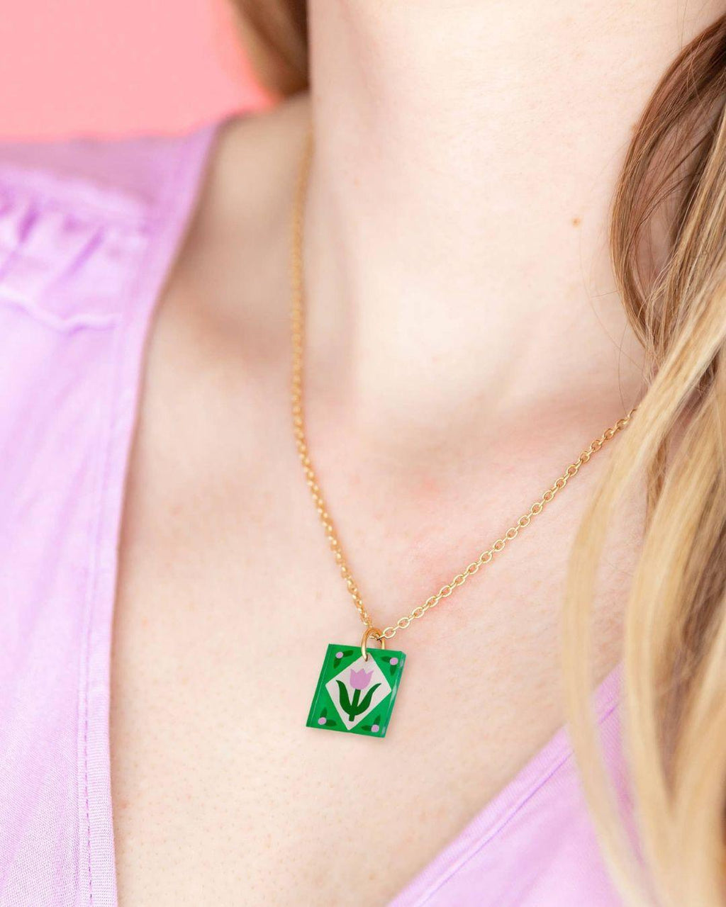 Charm Necklace - Floral Green Pink