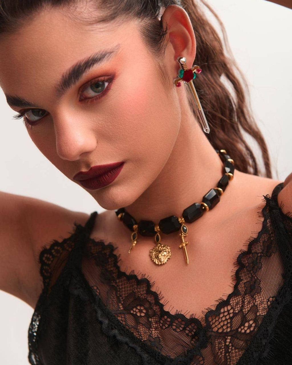 Lion & Sword - Handmade Necklace with Black Crystals and Gold-Plated Details