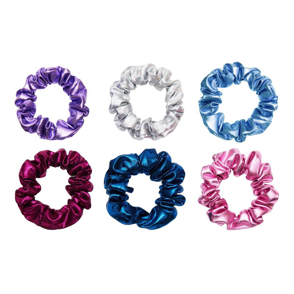 Set of six colorful scrunchies on a white background