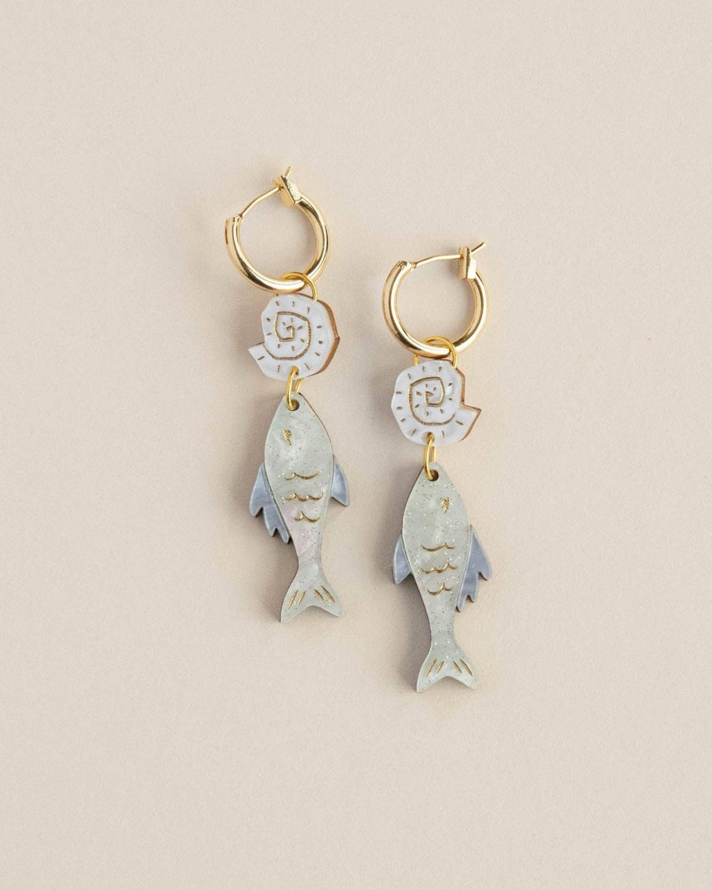 Ocean Fish & Shell Hoop Earrings - Pearly Mint Blue & Gold