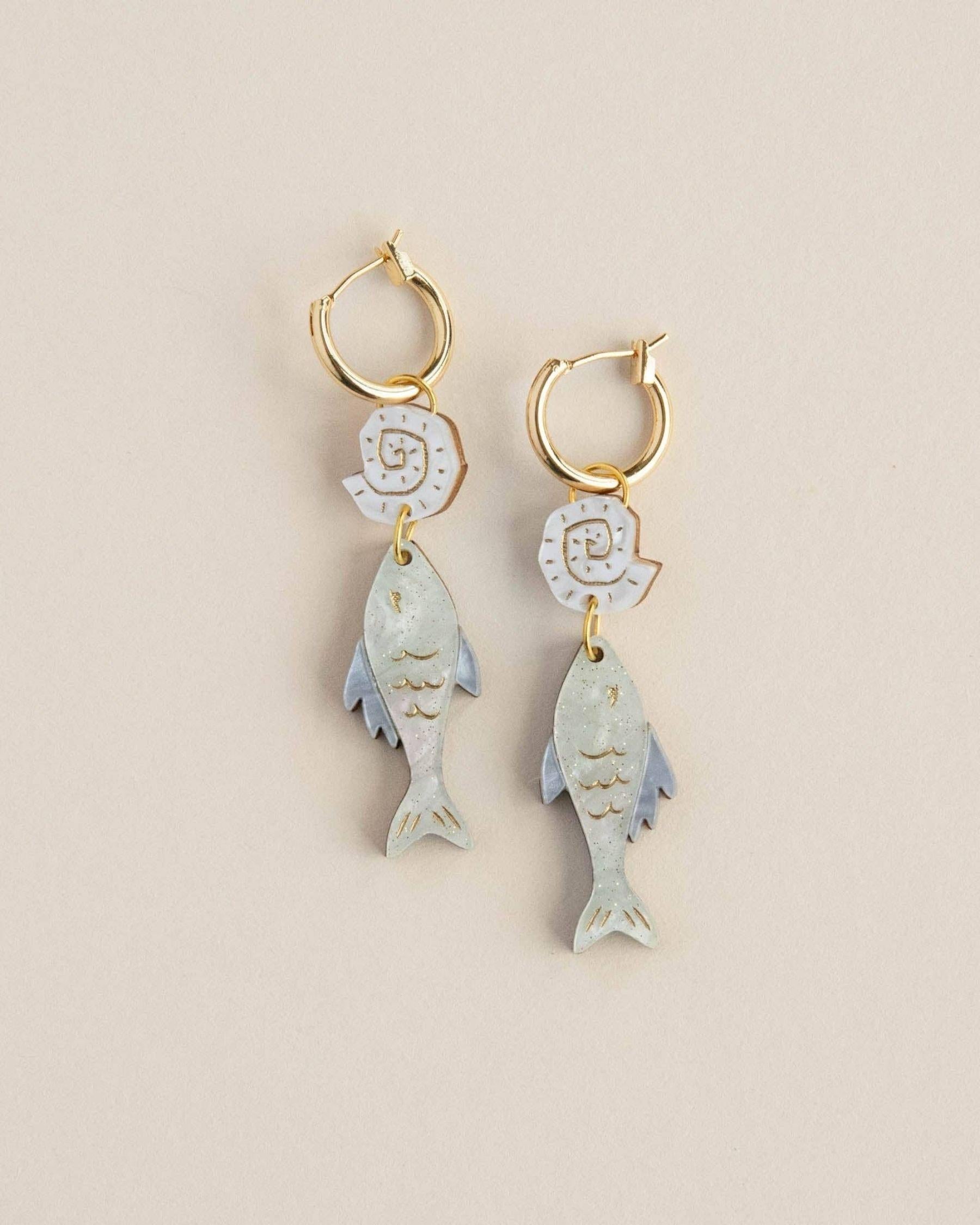 Ocean Fish & Shell Hoop Earrings - Pearly Mint Blue & Gold