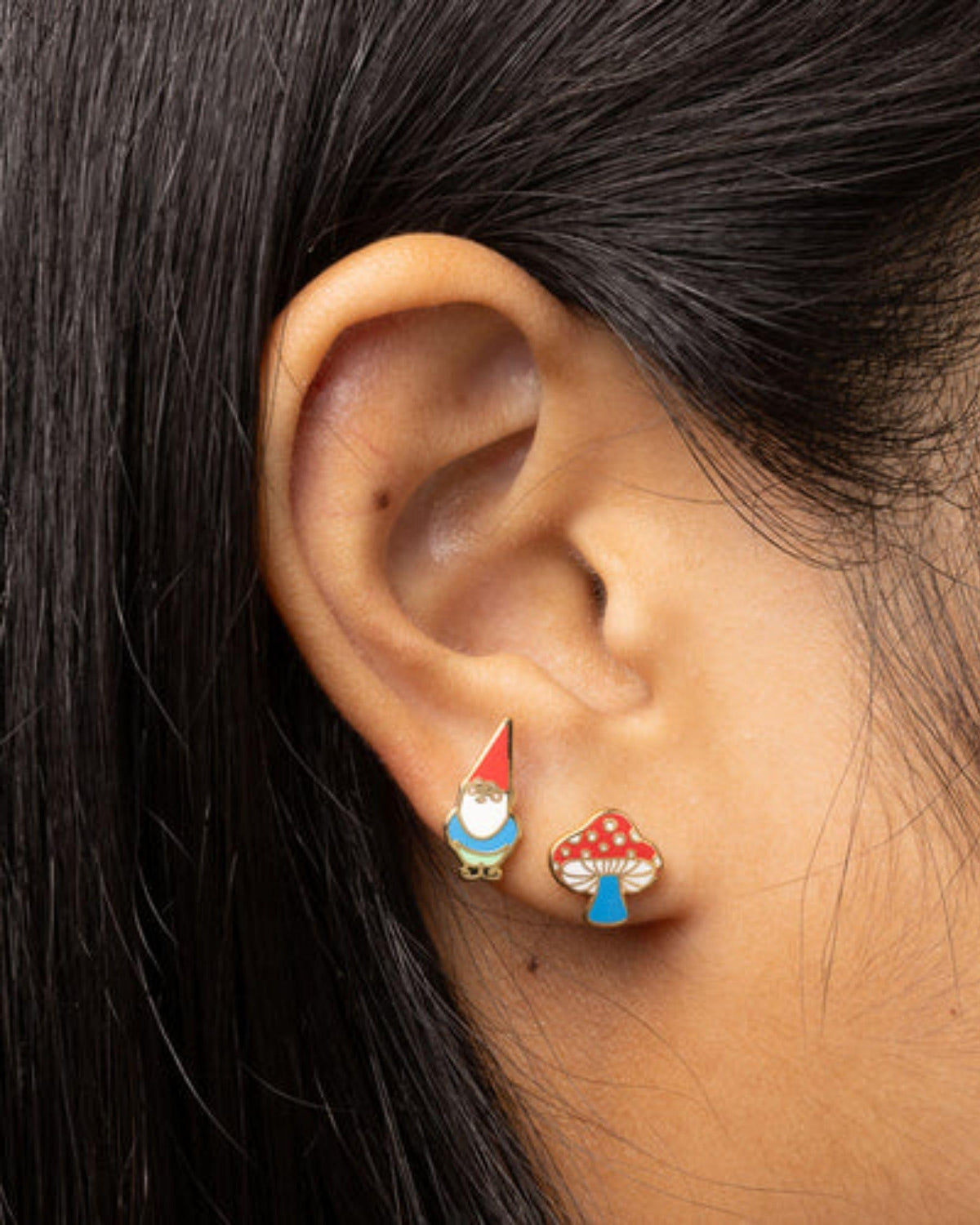 Asymmetrical Cloisonné Stud Earrings - Gnome & Mushroom