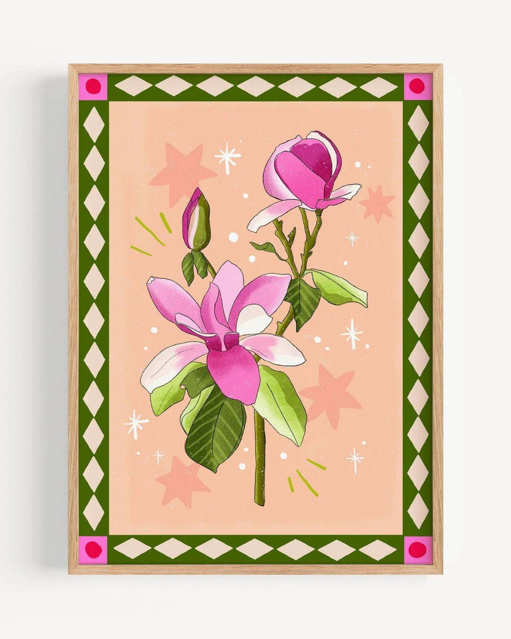 Framed artwork with pink floral design on a peach background