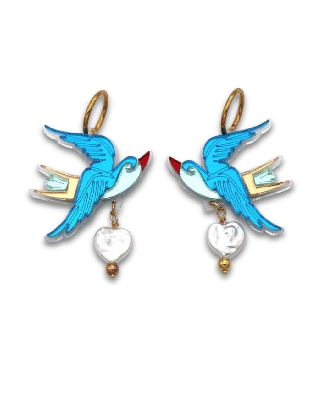 Pair of blue swallow earrings with heart pendants on a white background