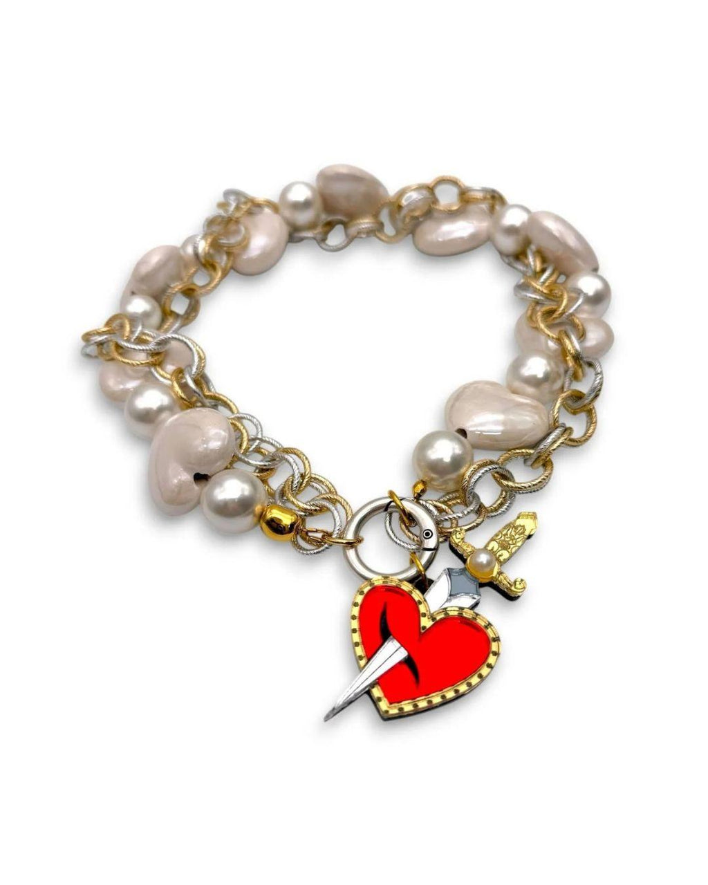 Necklace with pearl beads and heart-shaped charm on a white background
