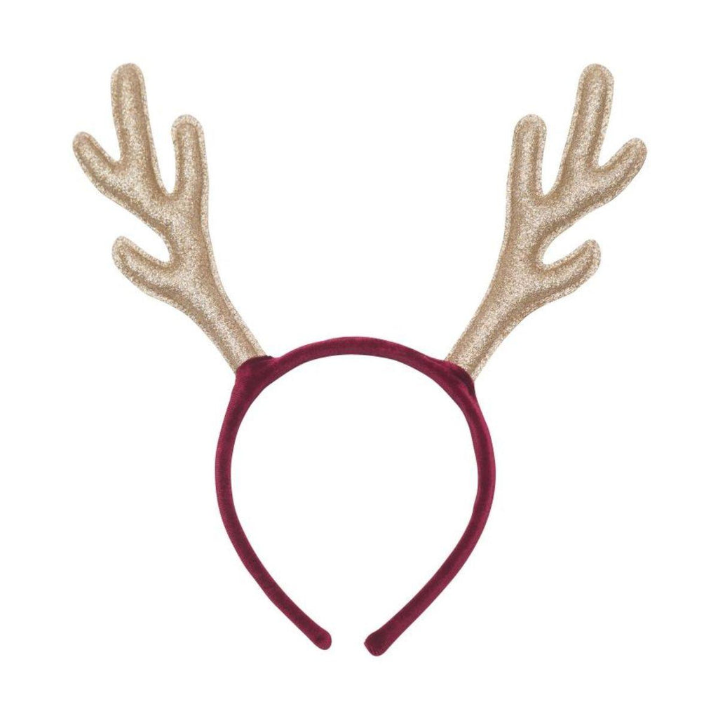 Red headband with gold glitter antlers on a white background