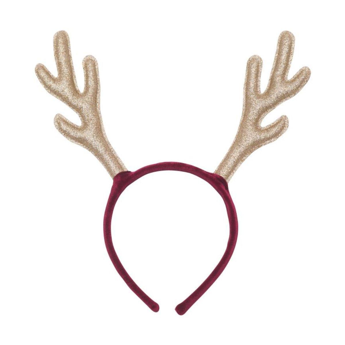 Red headband with gold glitter antlers on a white background