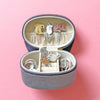 Gray jewelry case with cartoon-themed earrings on a pink background