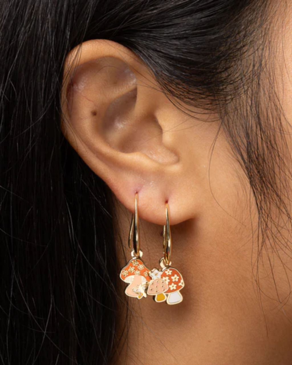 Asymmetrical Cloisonné Drop Earrings - Mushroom Butterfly