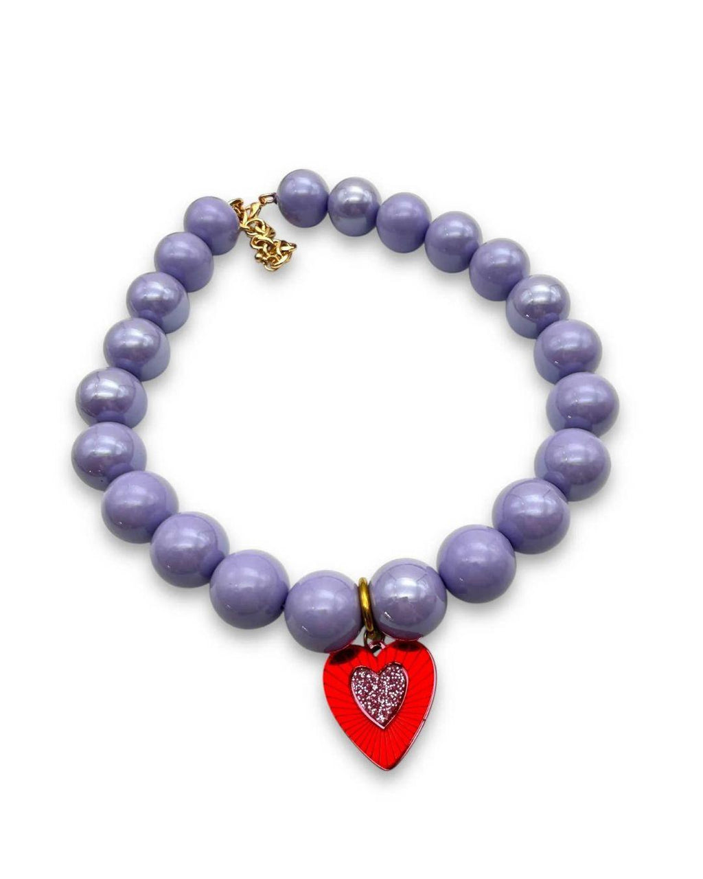 Lilac beaded necklace with a red heart-shaped charm on a white background
