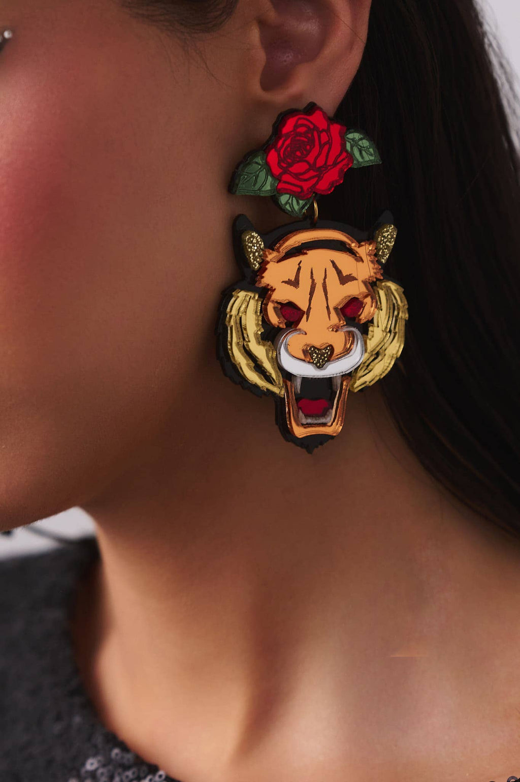 Acrylic Statement Stud Earrings - Tiger Eye