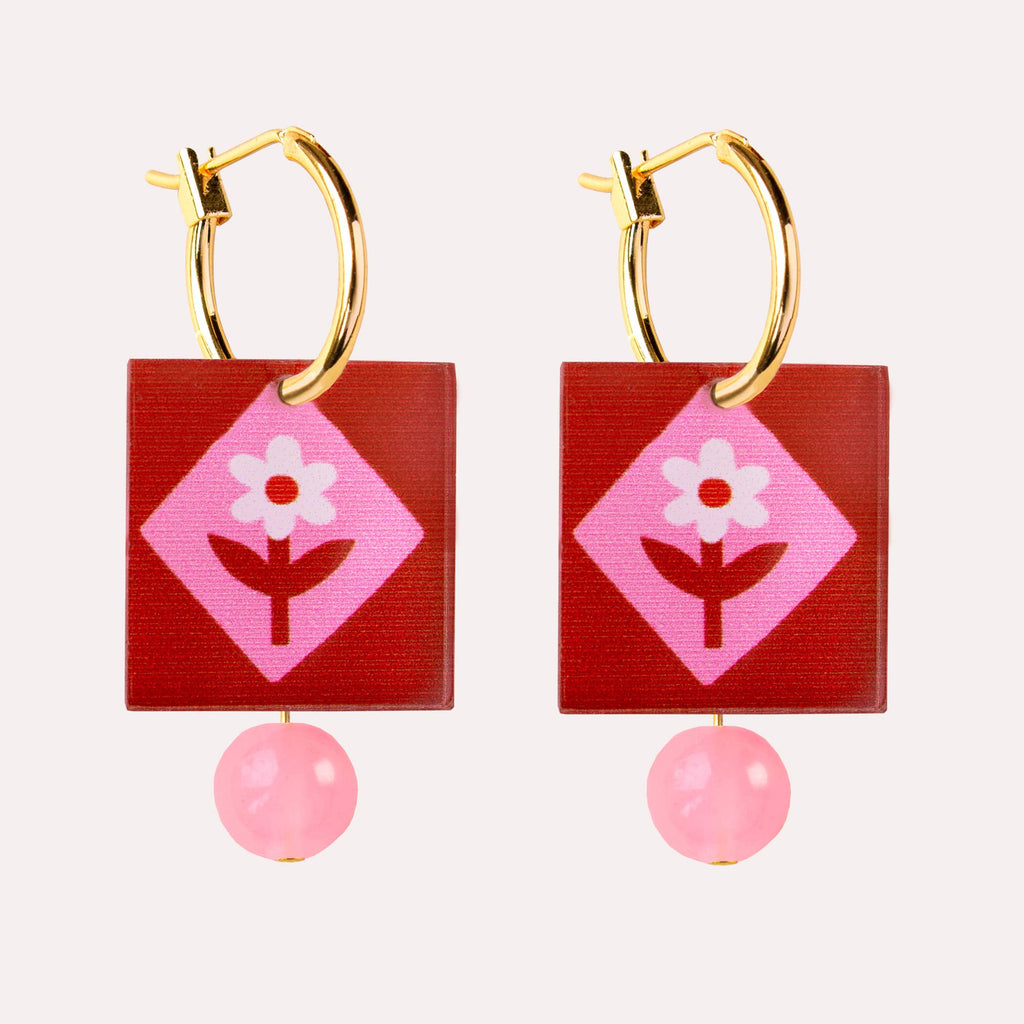 Square Gold Folk Floral Hoop Earrings - Red & Pink