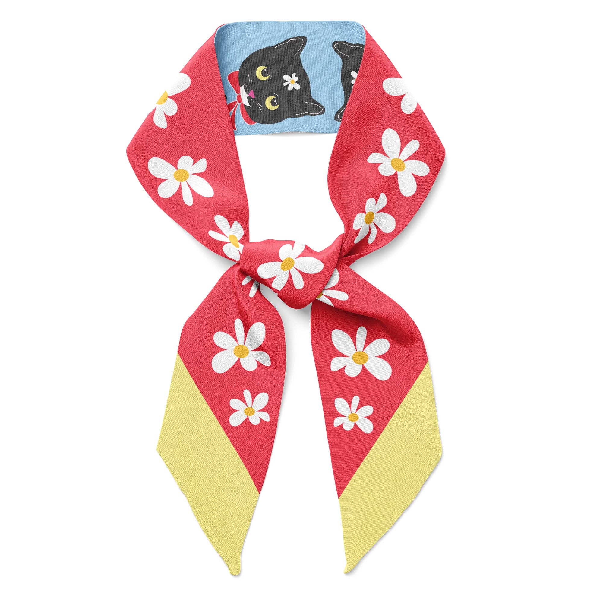 Twilly Ribbon Double Sided Silk Scarf - Naoko Cat & Daisies