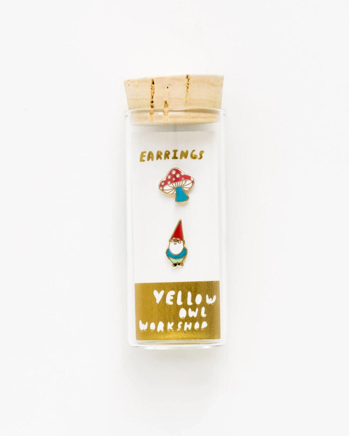 Asymmetrical Cloisonné Stud Earrings - Gnome & Mushroom