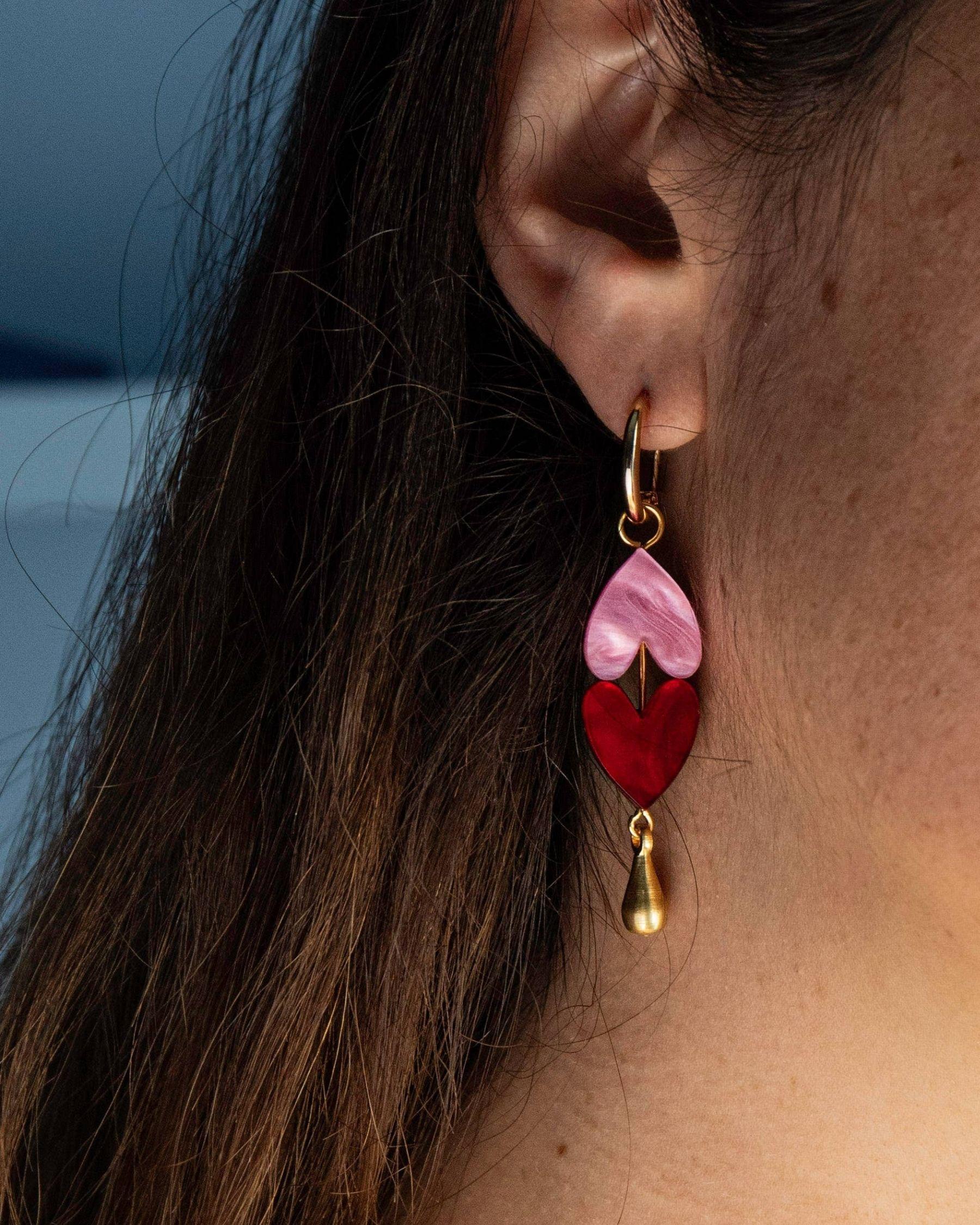 Queen of Hearts Drop Earrings - Pink & Cherry Red