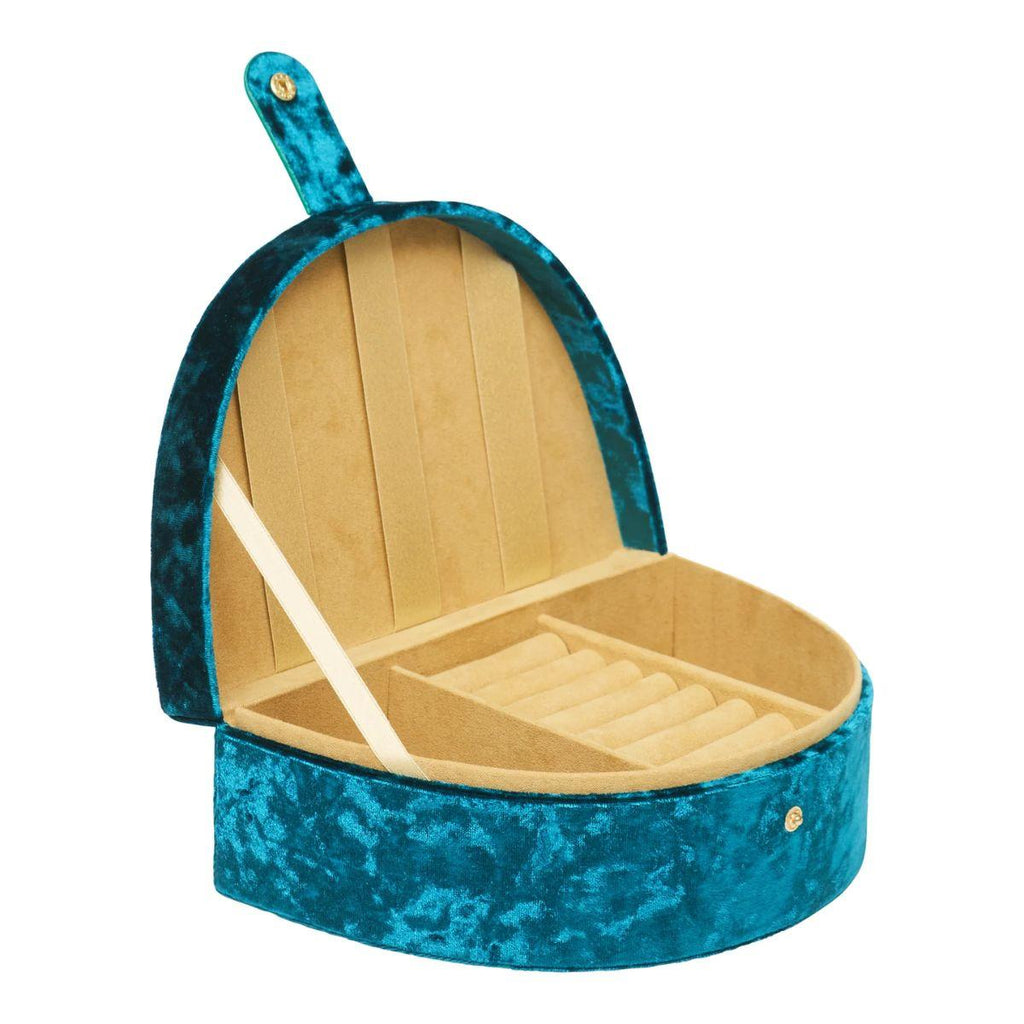 Blue textured jewelry box with wooden interior on a white background