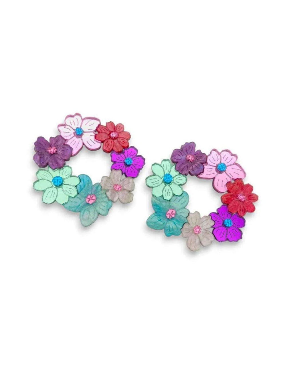 Floral wreath statement stud earrings on a white background