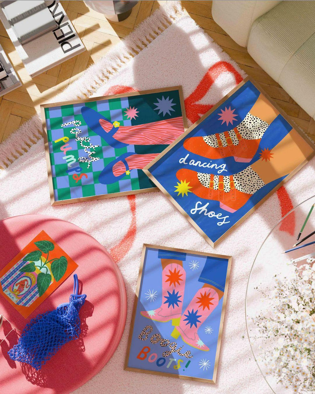 Colorful prints with shoe designs on a textured surface