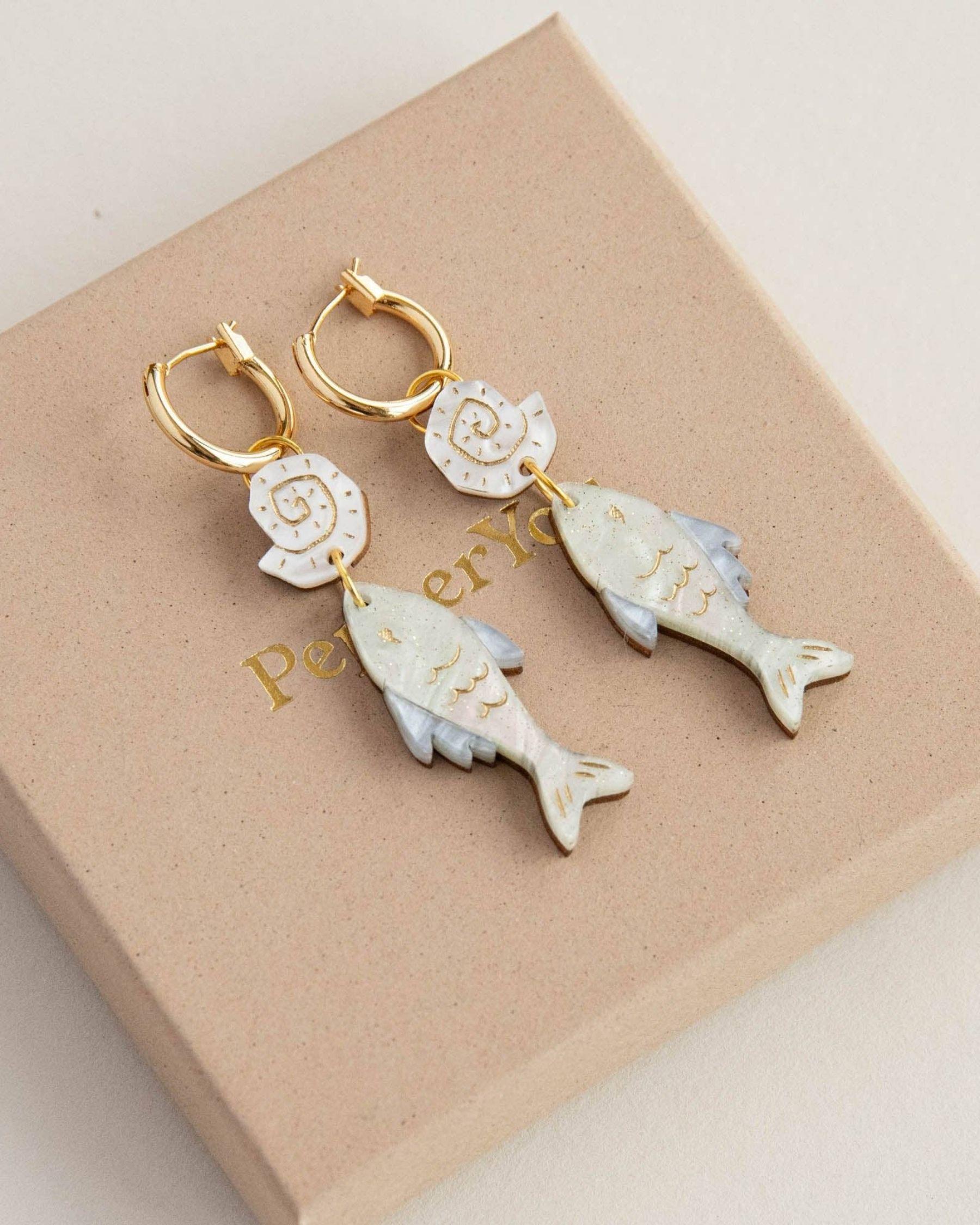 Ocean Fish & Shell Hoop Earrings - Pearly Mint Blue & Gold