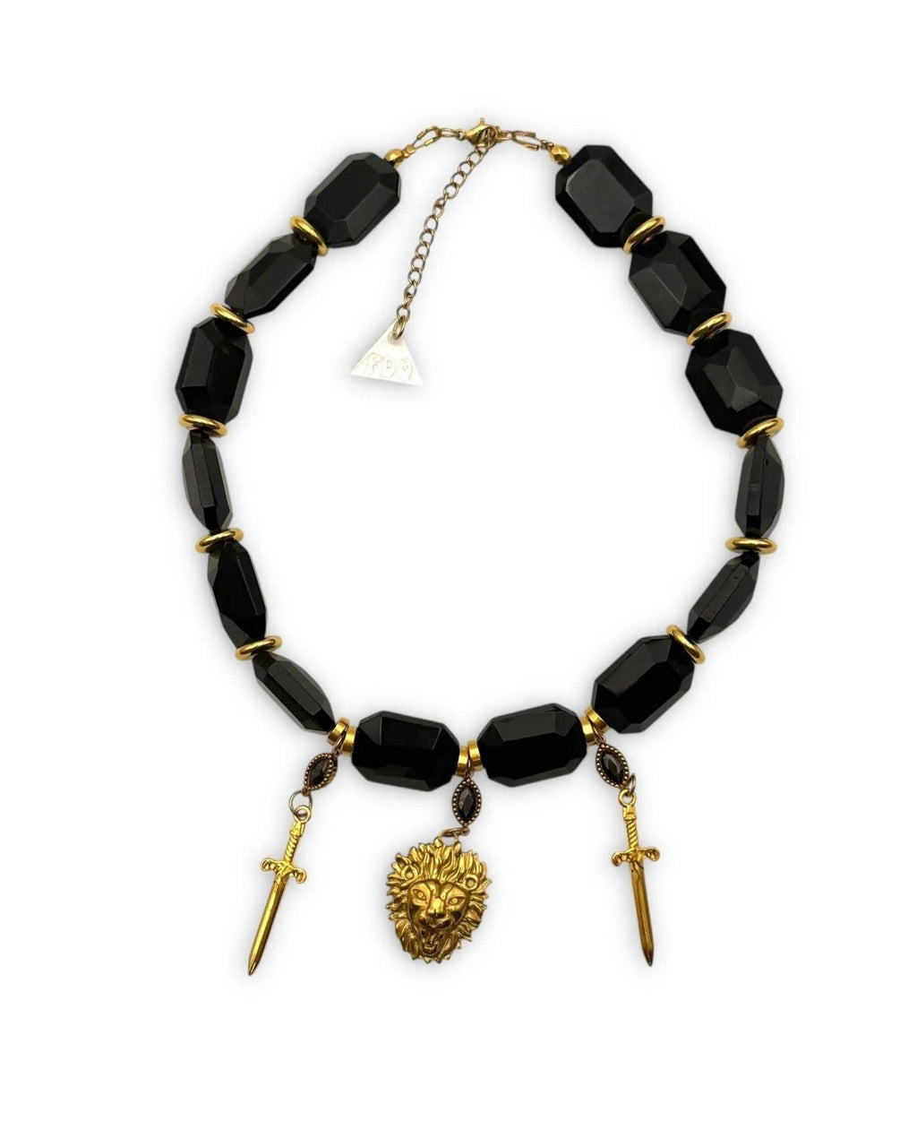 Lion & Sword - Handmade Necklace with Black Crystals and Gold-Plated Details