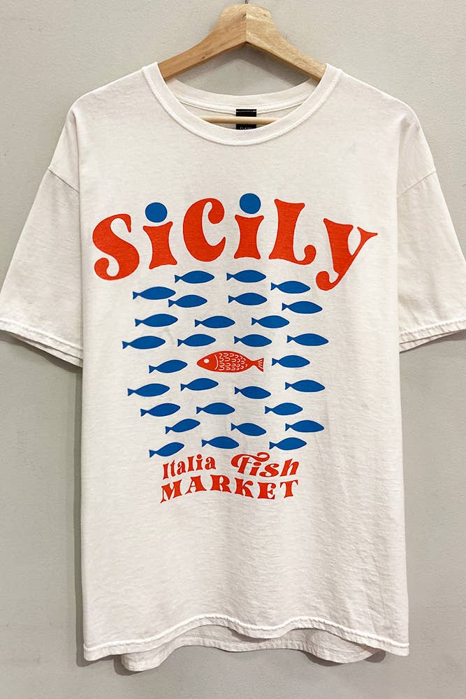 White t-shirt with 'Sicily Italia Fish Market' design on a gray background