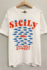 White t-shirt with 'Sicily Italia Fish Market' design on a gray background