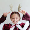 Child wearing a festive outfit with reindeer antlers and a white fur collar against a plain background