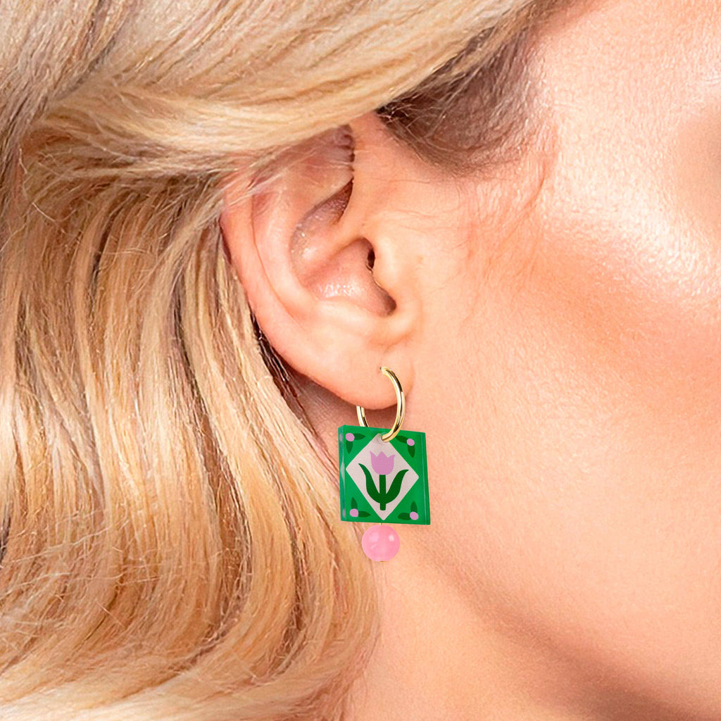 Square Gold Folk Floral Hoop Earrings - Green