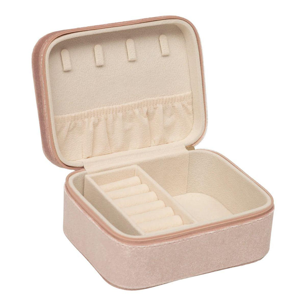 Pink jewelry box with beige interior on a white background
