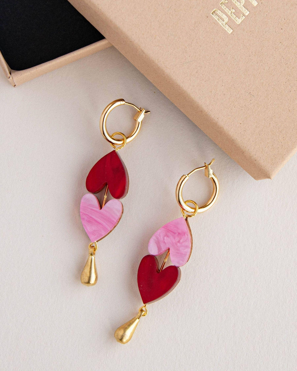 Queen of Hearts Drop Earrings - Pink & Cherry Red