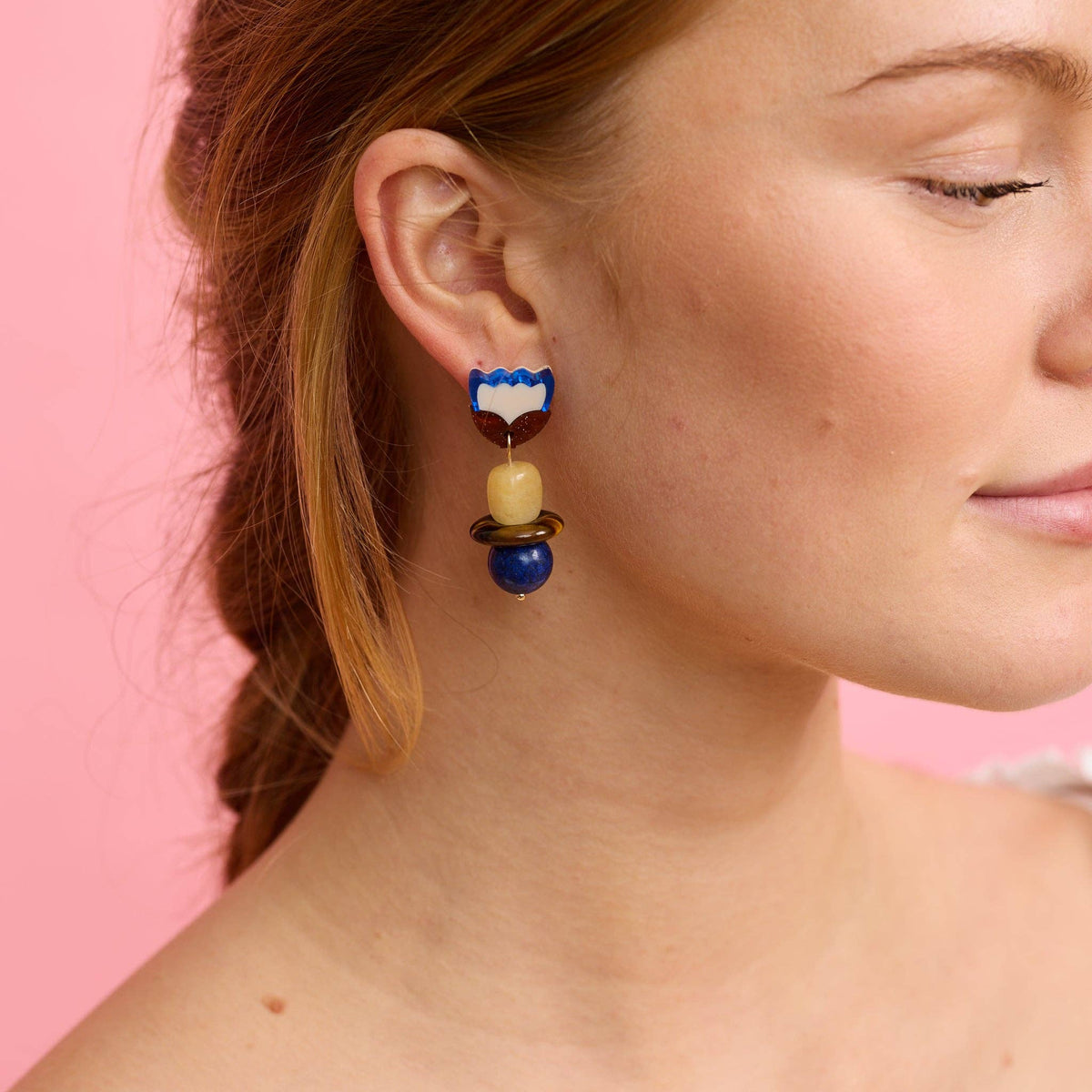 Clio Tulip Earrings - Brown & Cobalt