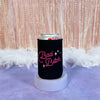 Black can cooler with 'Bad Bitch' text on a pink and white feathered background