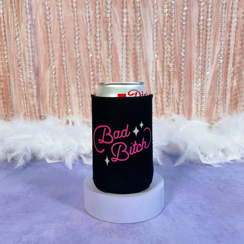 Black can cooler with 'Bad Bitch' text on a pink and white feathered background
