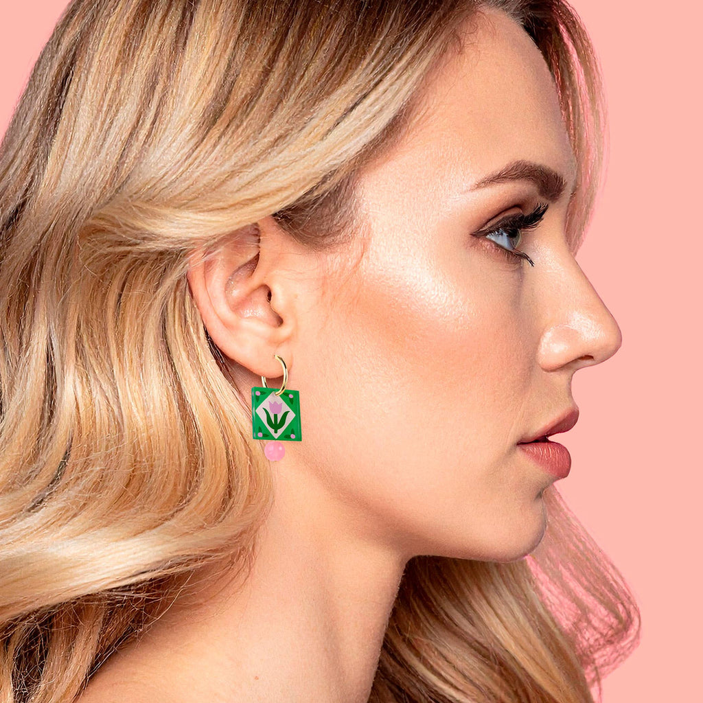 Square Gold Folk Floral Hoop Earrings - Green