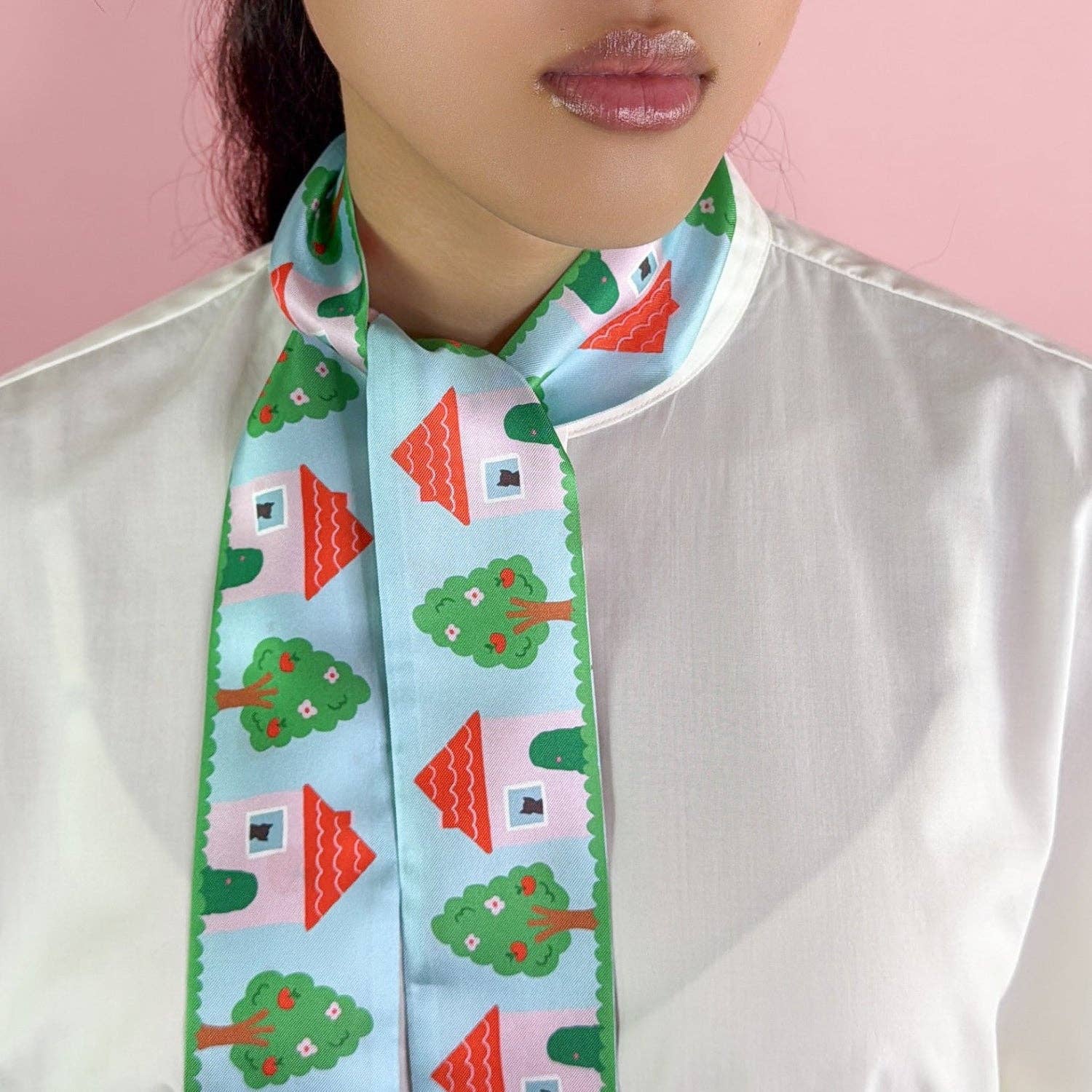 Twilly Ribbon Double Sided Silk Scarf - Houses & Apples