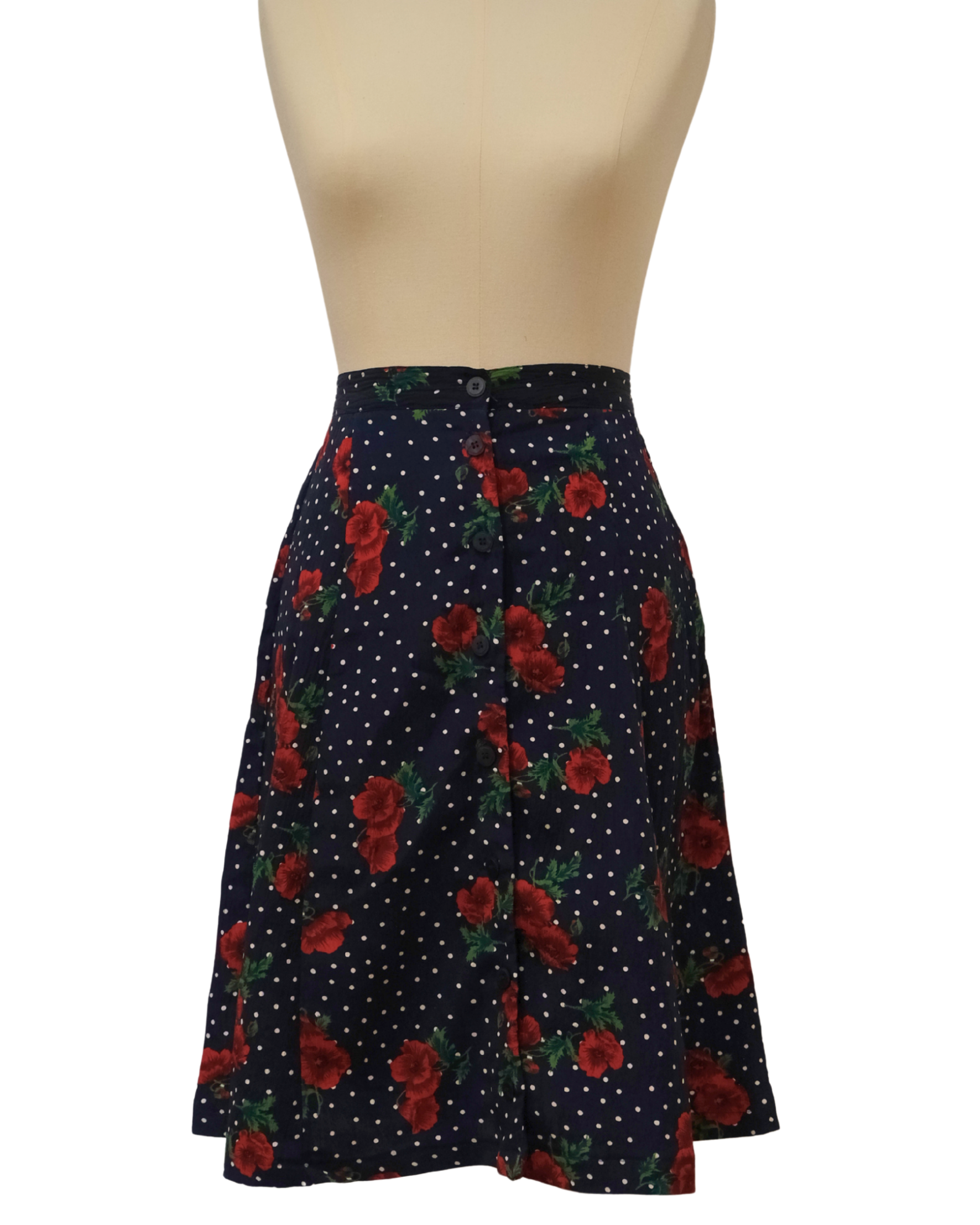 Skirt with floral pattern on a mannequin against a white background