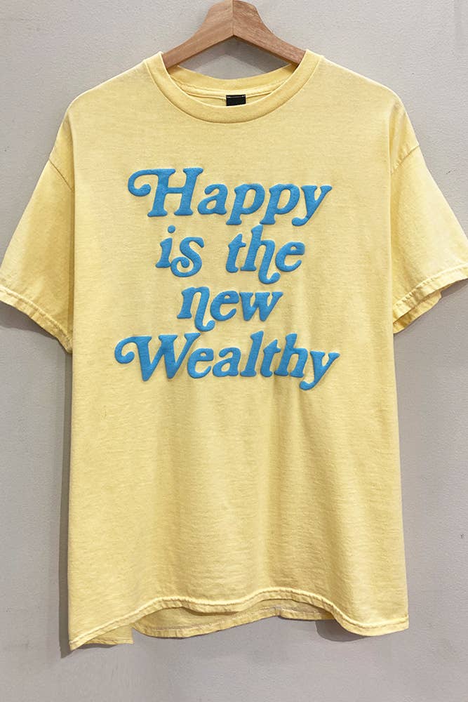 Yellow t-shirt with 'Happy is the new Wealthy' text on a gray background