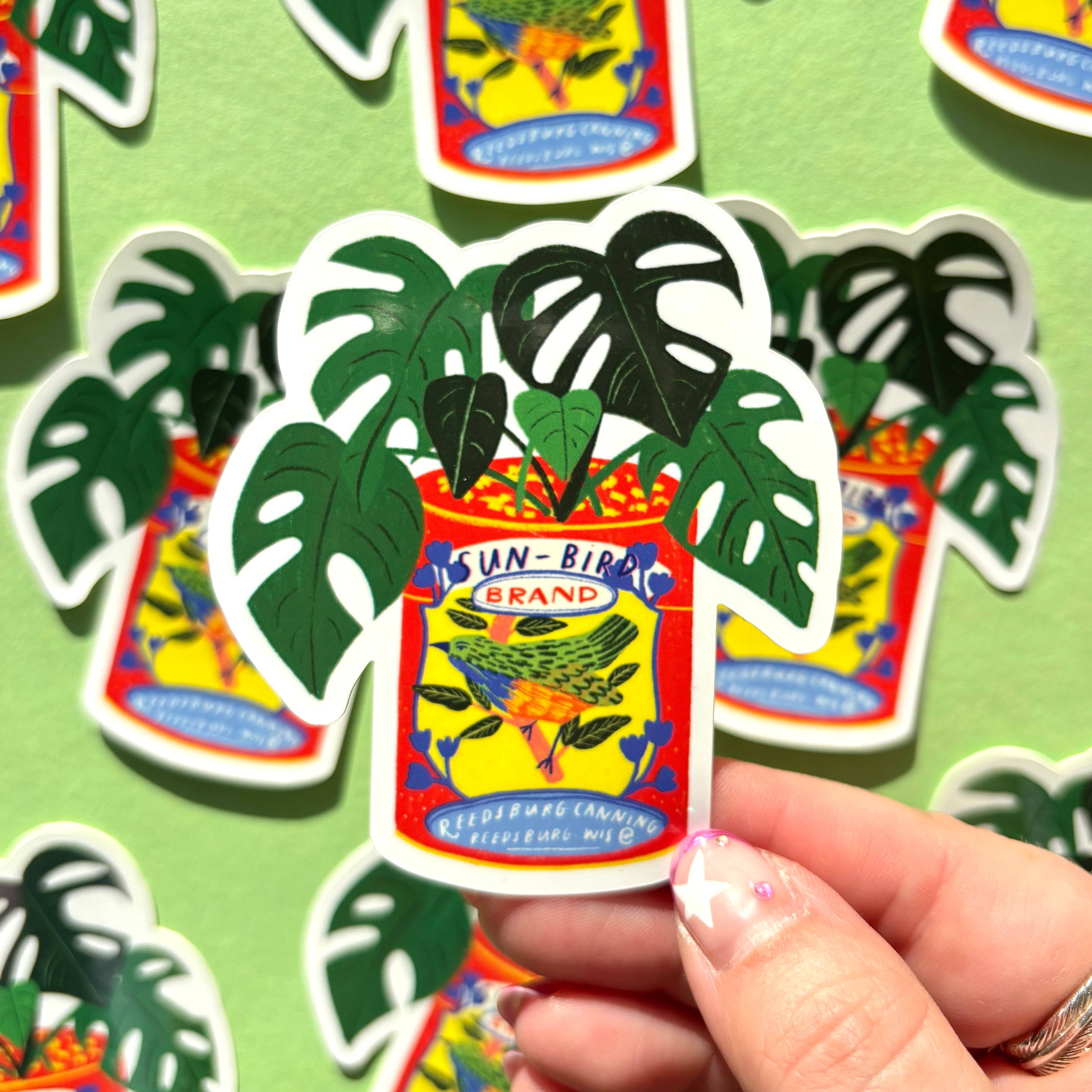 Vinyl Sticker - Monstera House Plant & Vintage Sun Bird Can