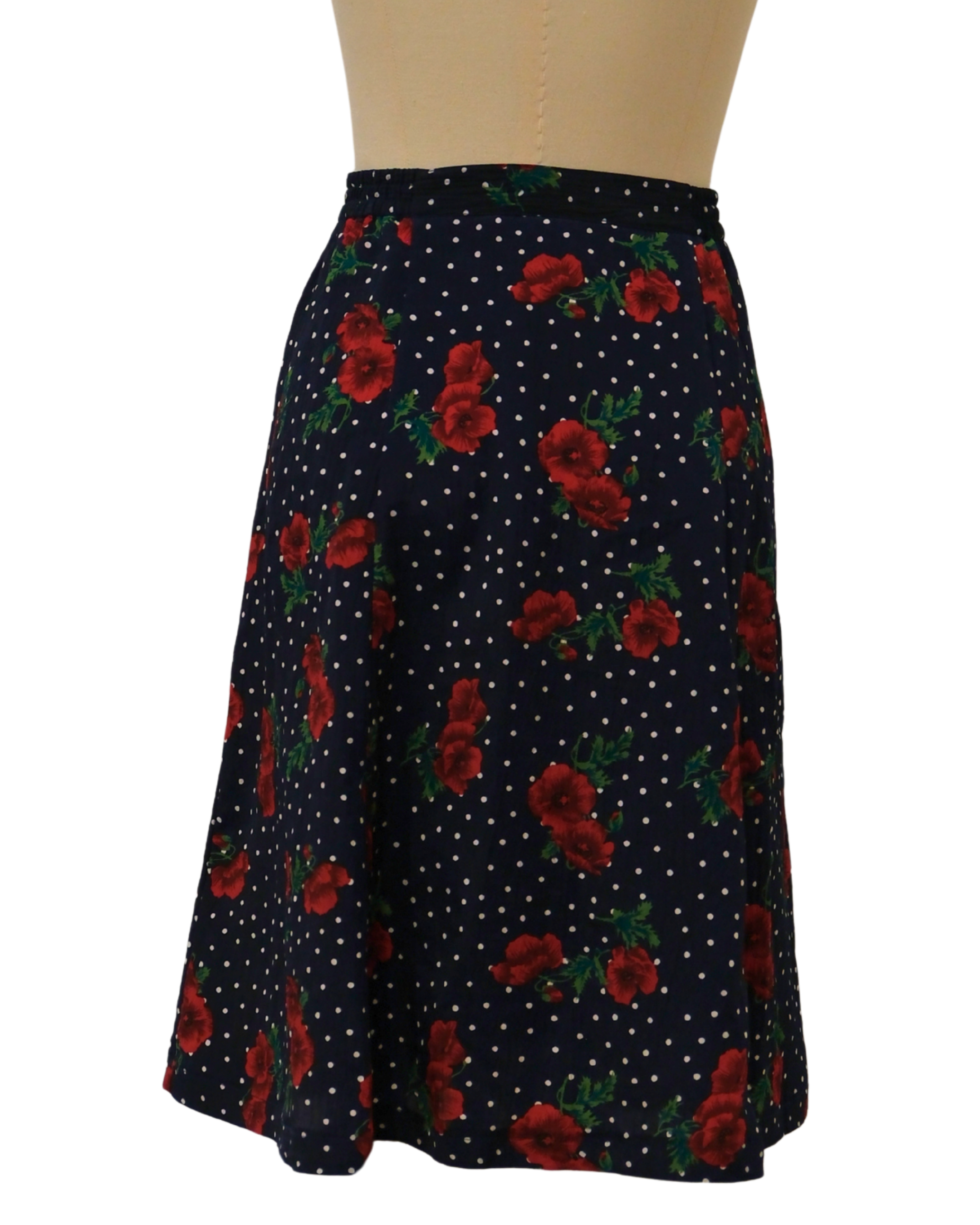 Skirt with red floral pattern on a navy background