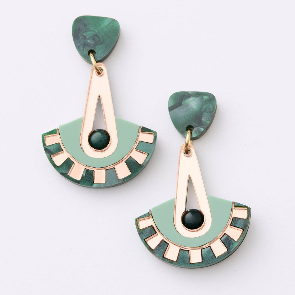 Electra Deco Earrings - Green & Rose
